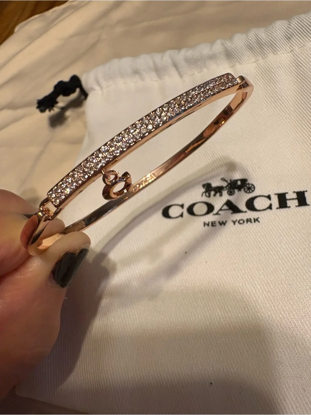 Coach Rose Gold Crystal Pavé Hinged Bangle with 'C' Charm